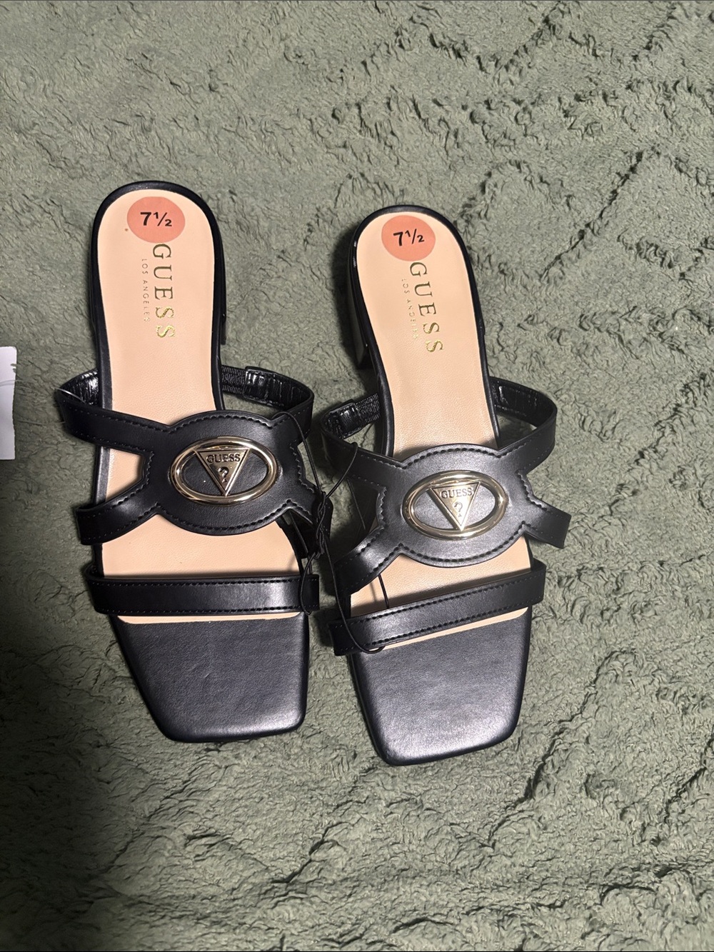 GUESS Black Leather Slide Mules with Gold Triangle Logo